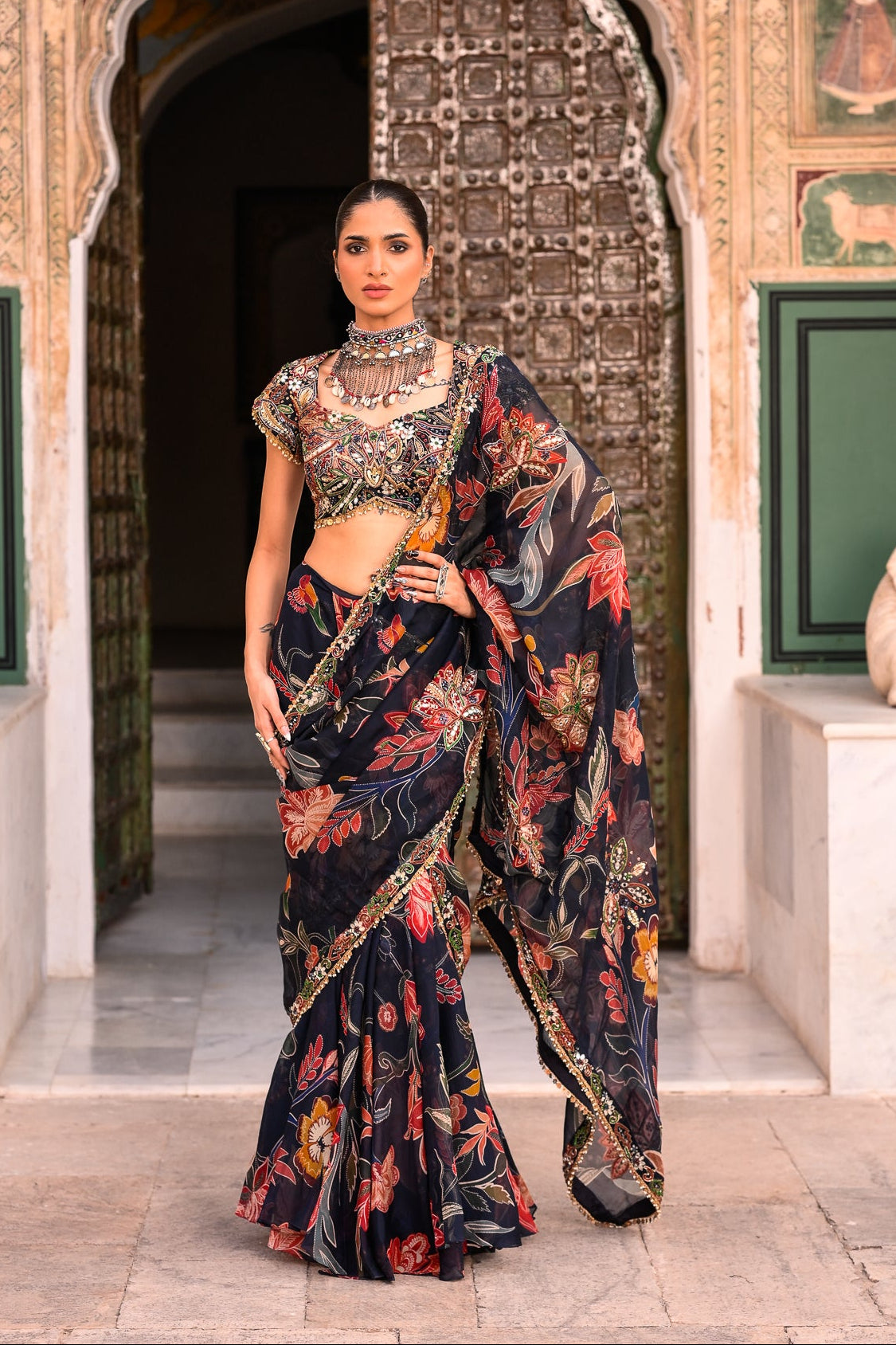 Pre-stitched Organza Saree With Highlighted Open Palla with Embroidered Blouse