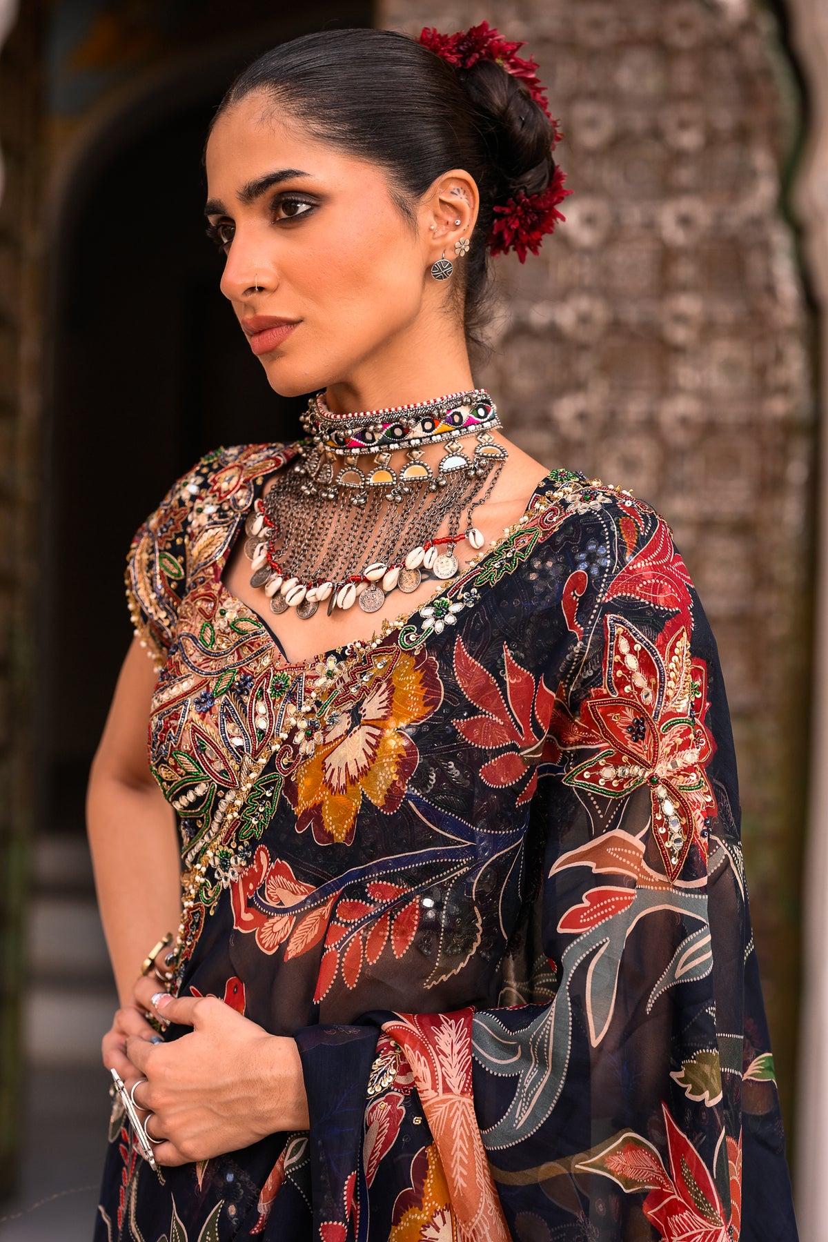 Pre-stitched Organza Saree With Highlighted Open Palla with Embroidered Blouse