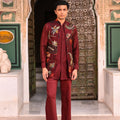 Maroon Organza Highlight Half Jacket With Plain Pintuck Kurta And Flared Maroon Pant