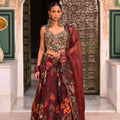 Red Printed Embroidered Blouse With Highlighted Lehenga And Applique Dupatta