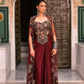 Red Satin Cowl Skirt With Embroidered Bralette and Net Applique Cape