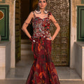 Red Printed Tassel Saree With Embroidered Corset