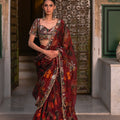 Red Printed Pre-Drape Organza Saree Highlighted Open Pallu with Embroidered Blouse