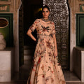 Ivory Pink Asymmetrical Embroidered Top With Printed Lehenga