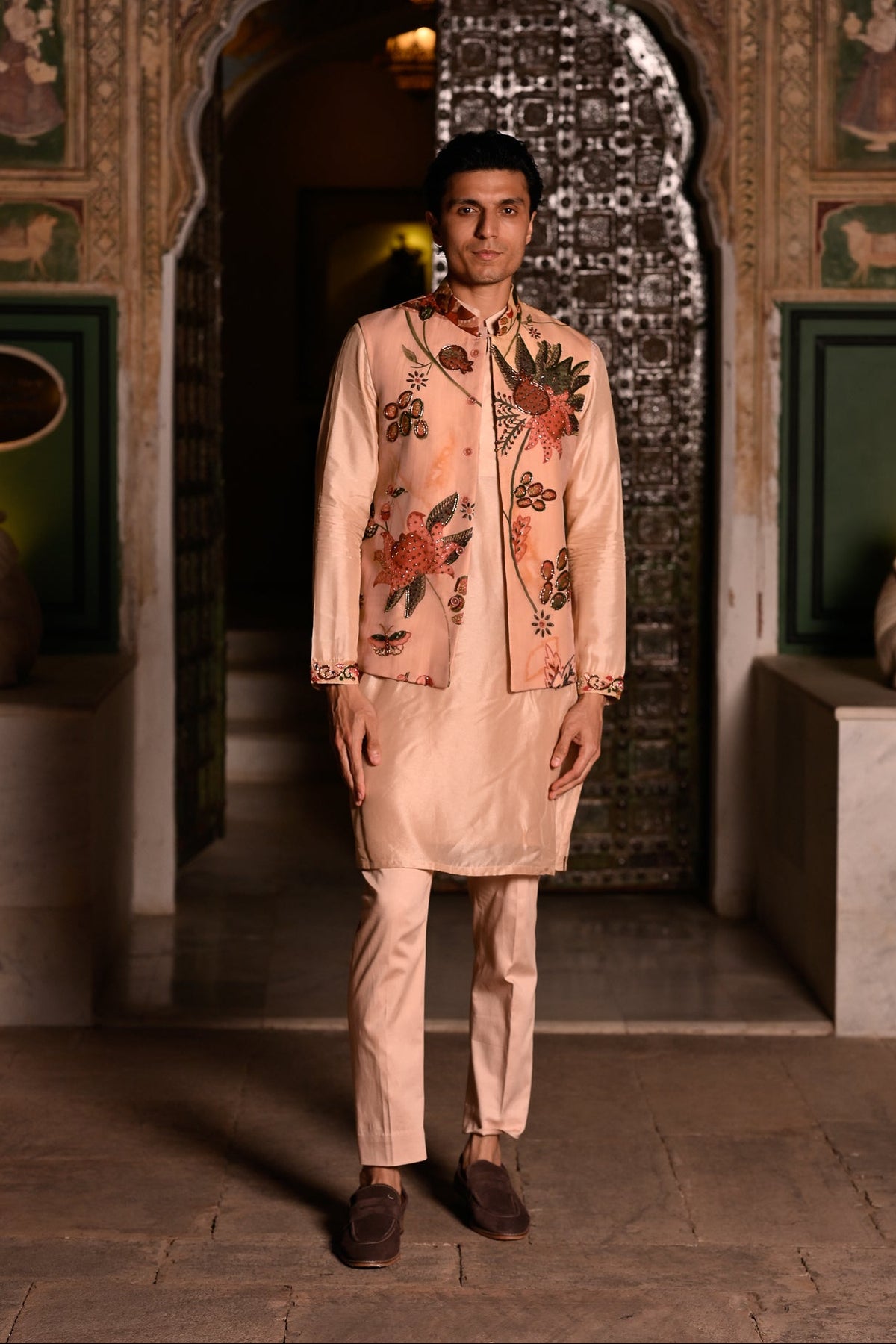 Ivory Pink Highlighted Bundi,  Kurta and Straight Pant