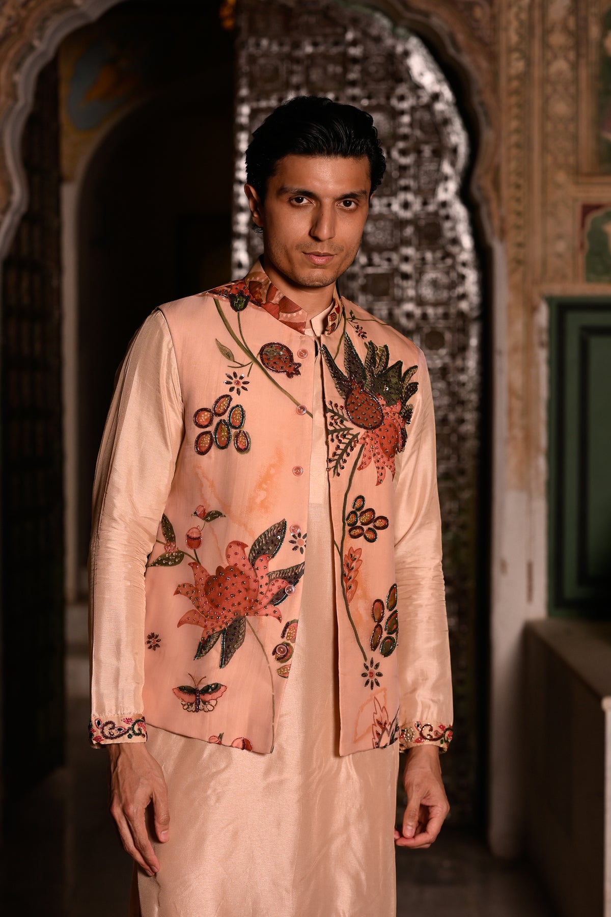 Ivory Pink Highlighted Bundi,  Kurta and Straight Pant