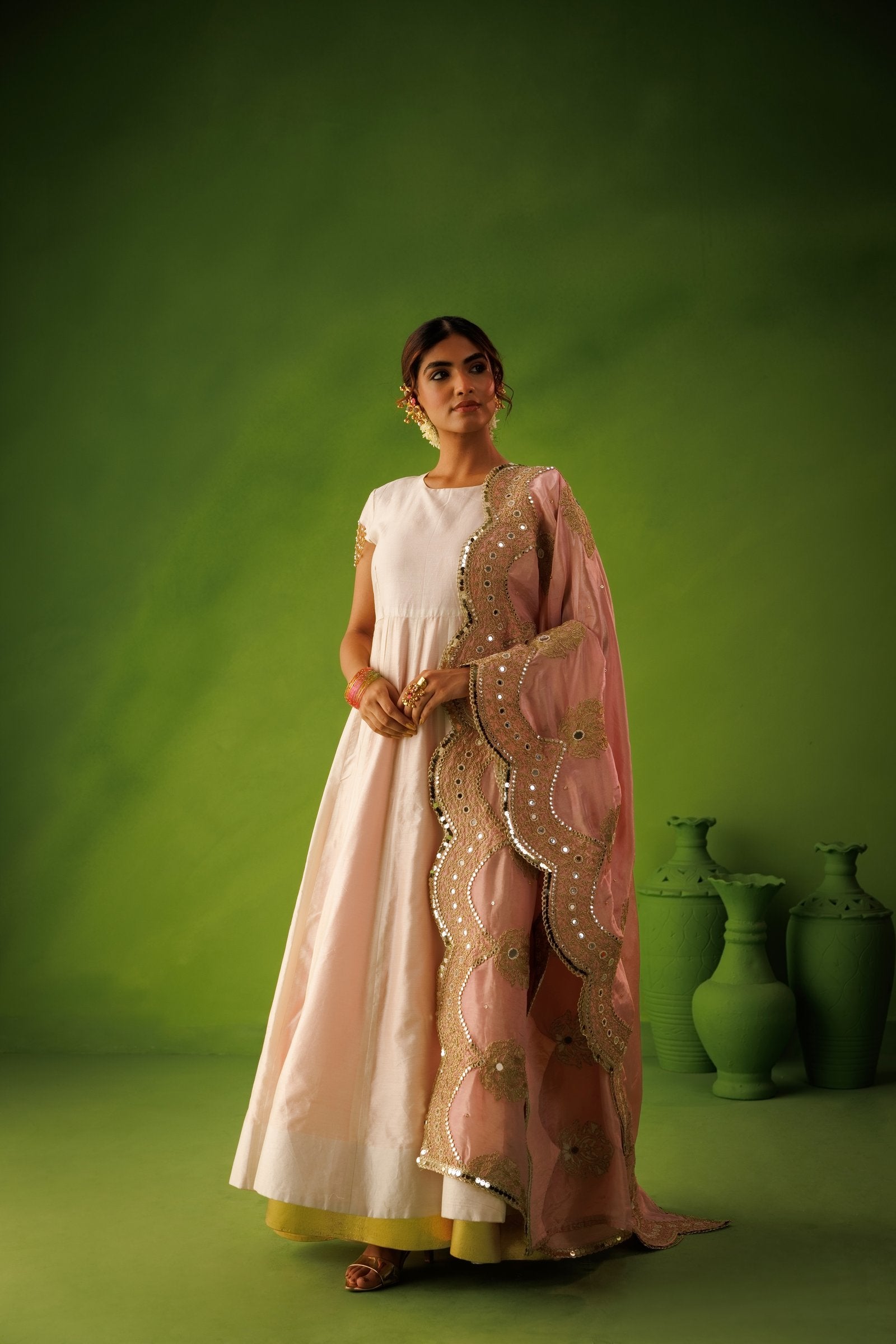 Ivory And Baby Pink Reversable Anarkali Set