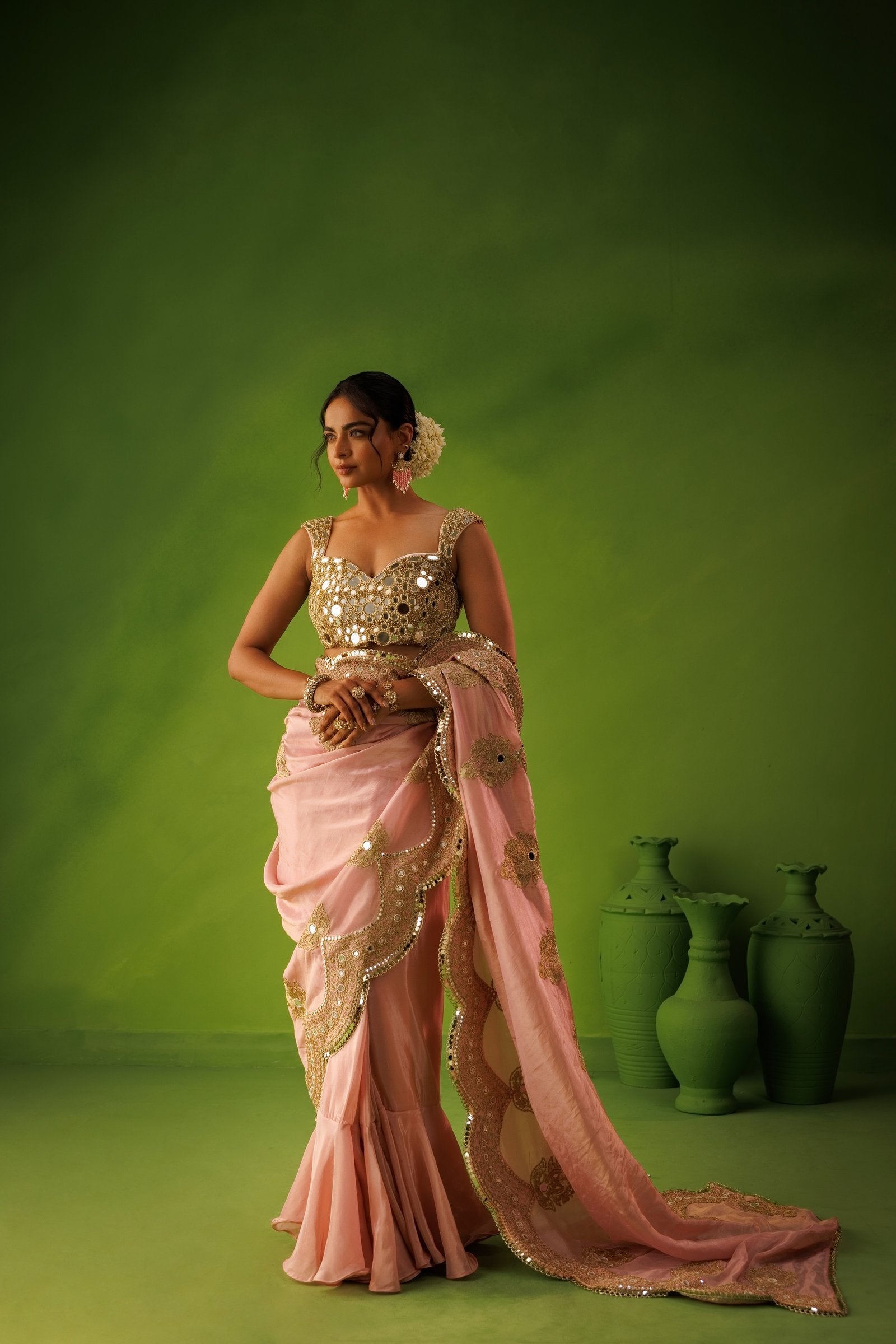 Baby Pink Mirror Work Saree Set