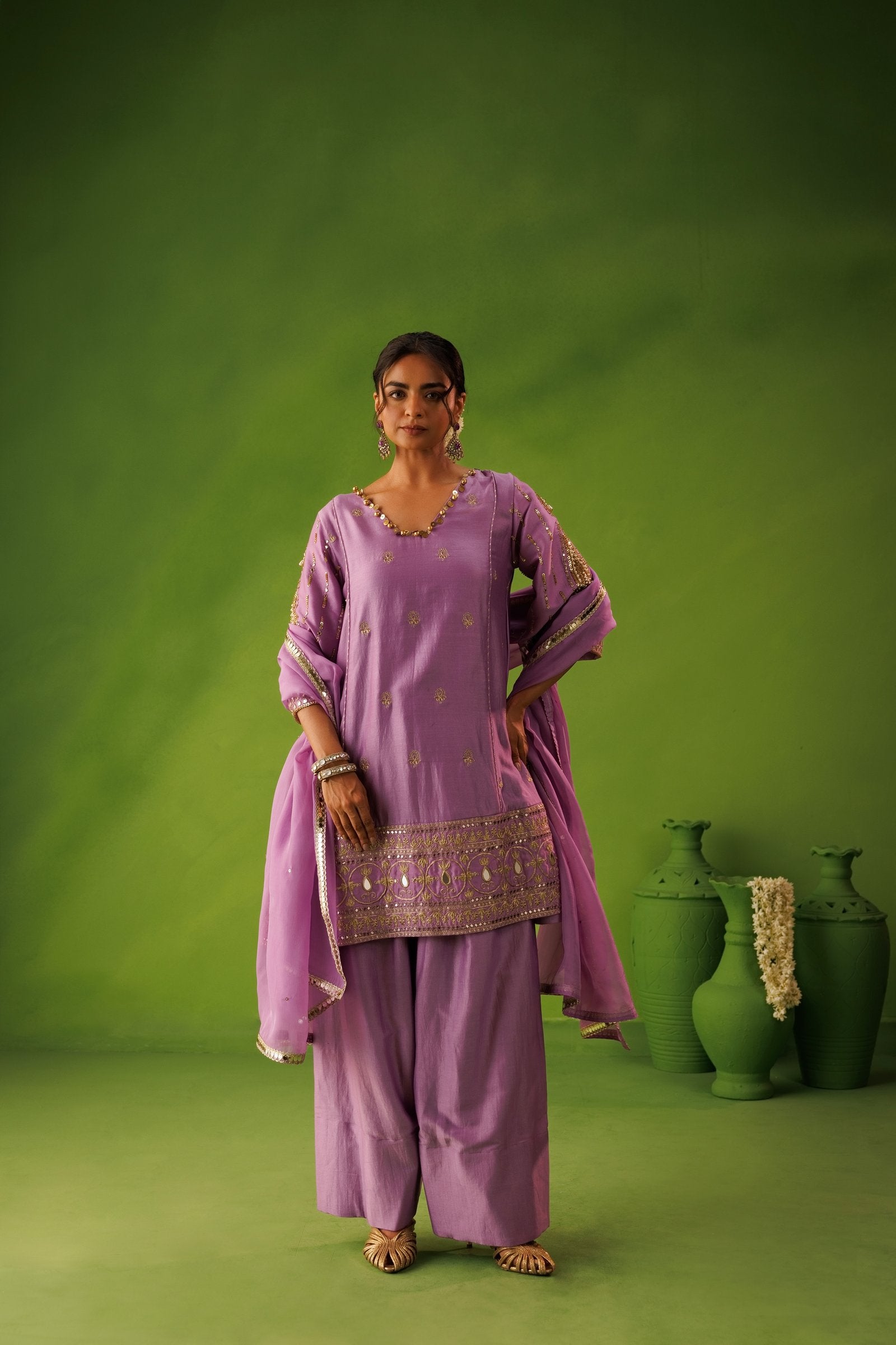 Purple A-Line Mirror Work Farshi Salwar Set