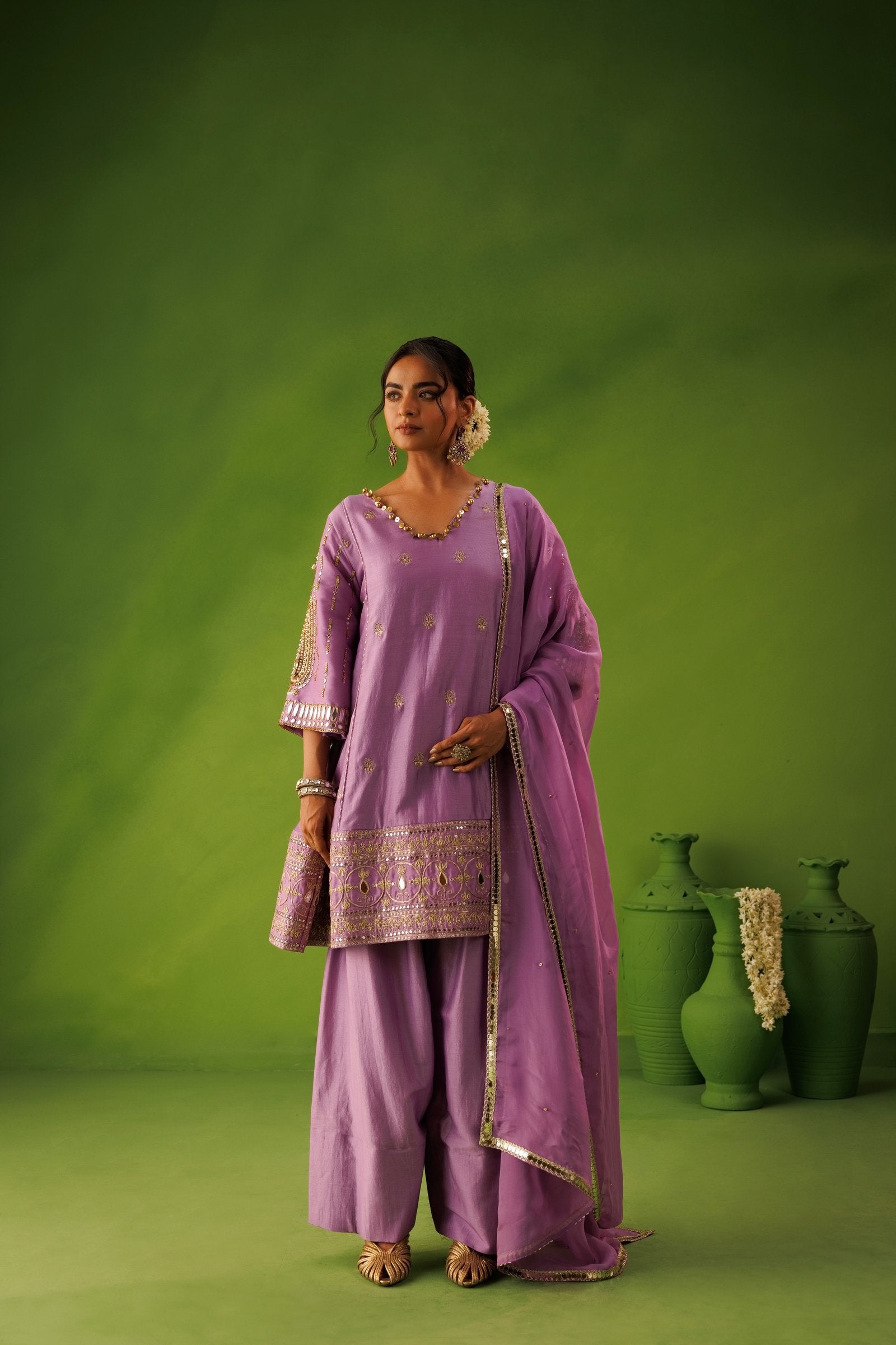 Purple A-Line Mirror Work Farshi Salwar Set