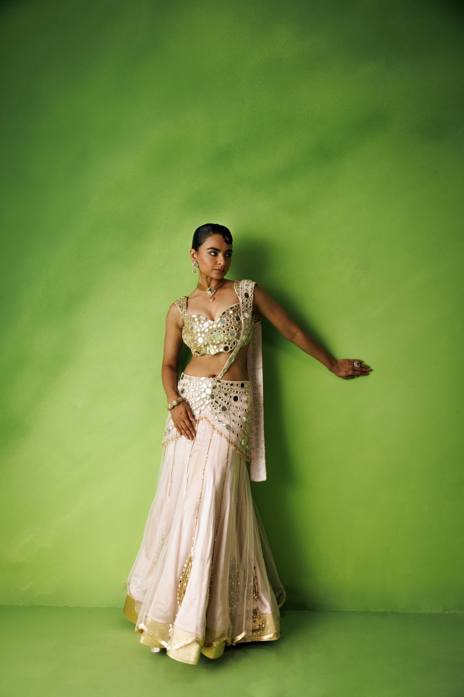 Baby Pink Mirror Work Saree Set