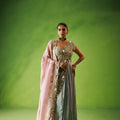 Powder Blue Mirror Drape Saree With Pink Dupatta