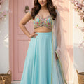 Sky Blue Goergette Lehenga With Colored Emb Blouse And Pink Dupatta