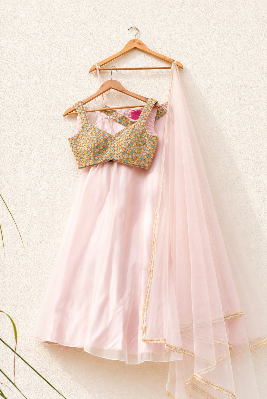 Salmon Pink Organza Lehenga With Multicolour Blouse