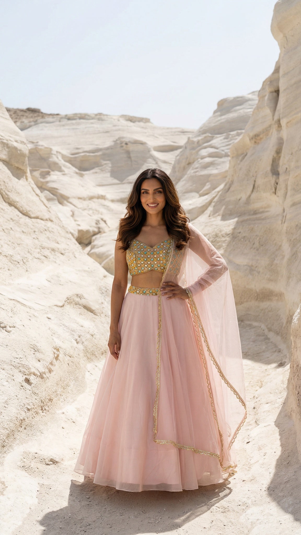 Salmon Pink Organza Lehenga With Multicolour Blouse