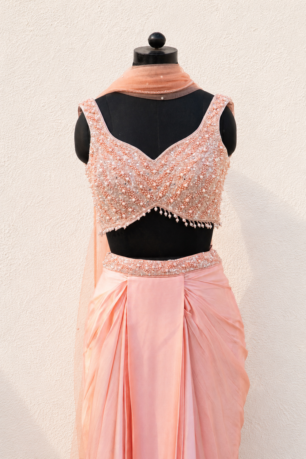 Peach Sequence And Pearl Blouse With Pleated Skirt And Dupatta