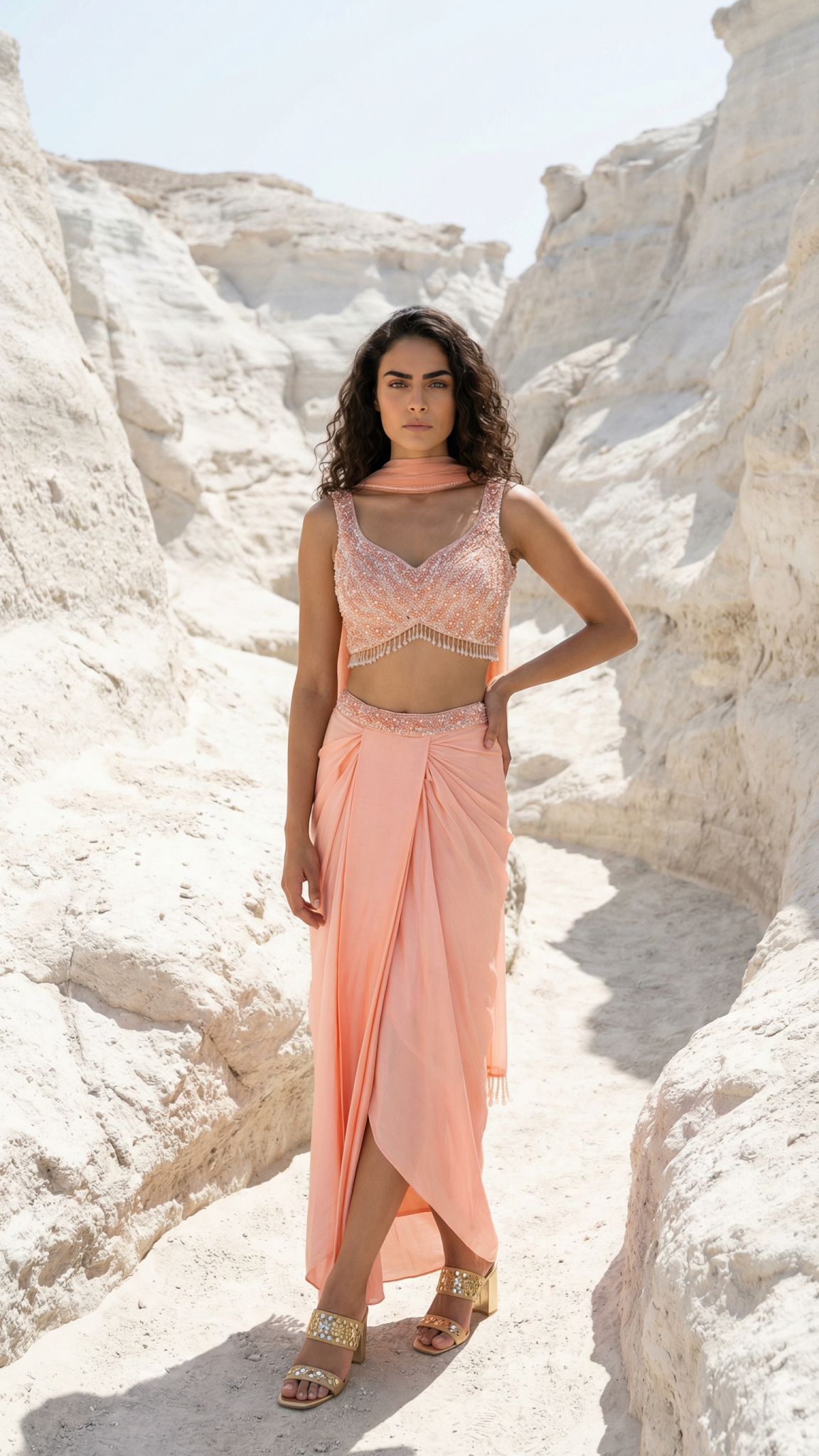 Peach Sequence And Pearl Blouse With Pleated Skirt And Dupatta