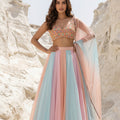 Peach Oval Multicolour Cutdana Blouse With Multicolour Lehenga Set