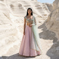 Pink Stonework Lehenga With Sky Blue Embroidered Blouse With Pink Dupatta