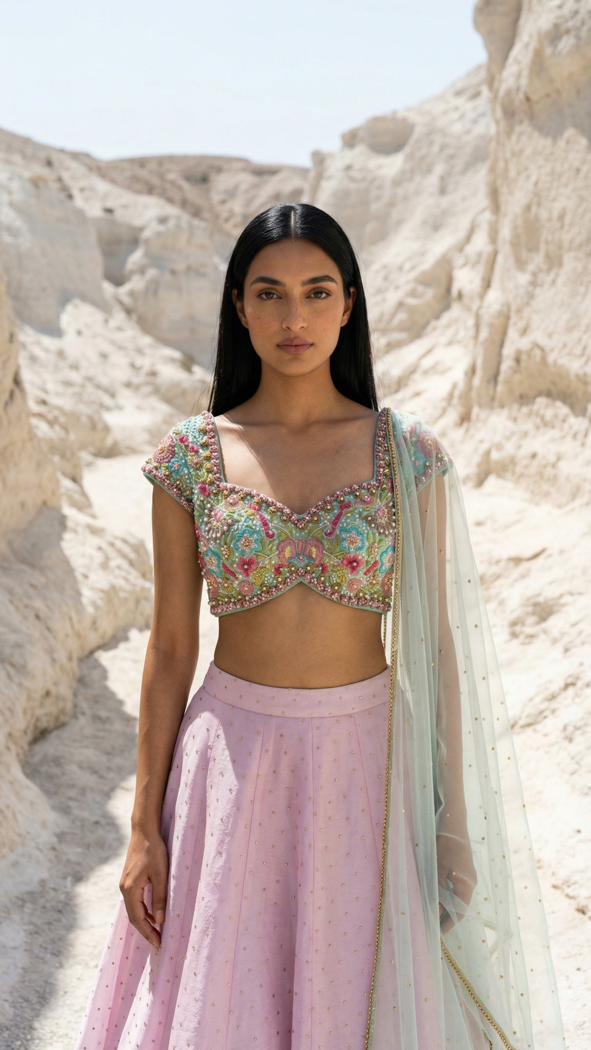 Pink Stonework Lehenga With Sky Blue Embroidered Blouse With Pink Dupatta
