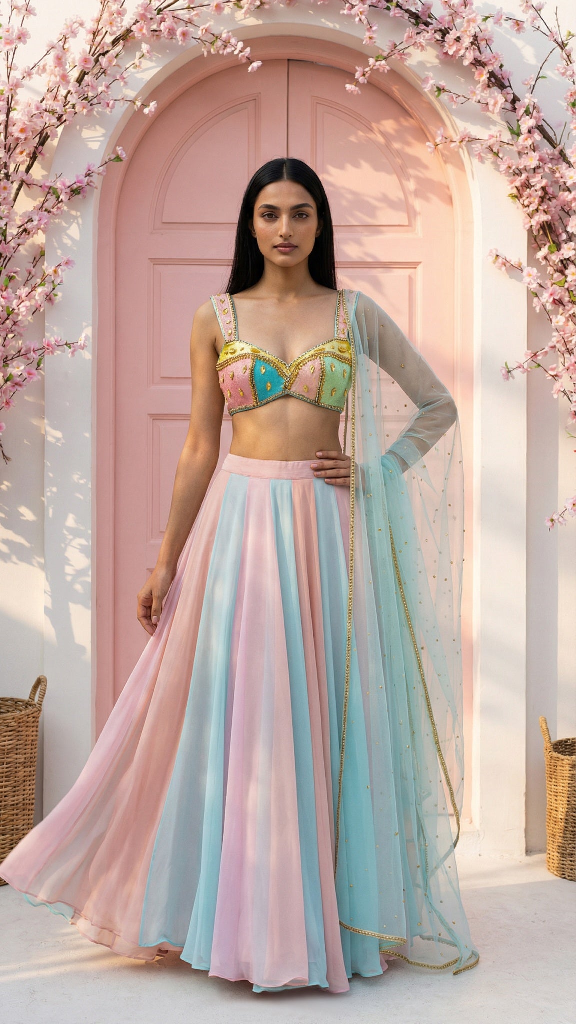 Multicolour Lehenga With Multicolour Cutdana Blouse Set