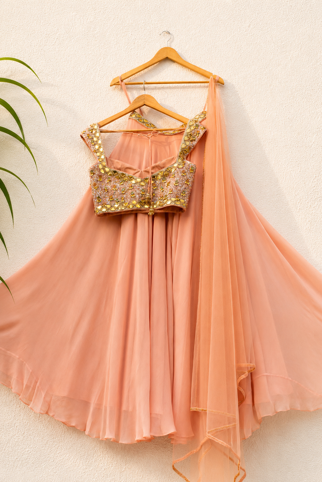 Peach And Lavender Sequence Blouse With Peach Pallazo