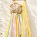 Peach Oval Multicolour Cutdana Blouse With Multicolour Lehenga Set