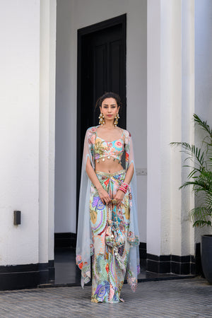 Gardenia Dhoti Skirt Set Paidawn With Highlighted Bralette With Highlighted Applique Cape - Custom image