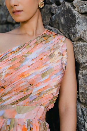 Coral Peach Printed &amp; Pleated Jumpsuit image 3