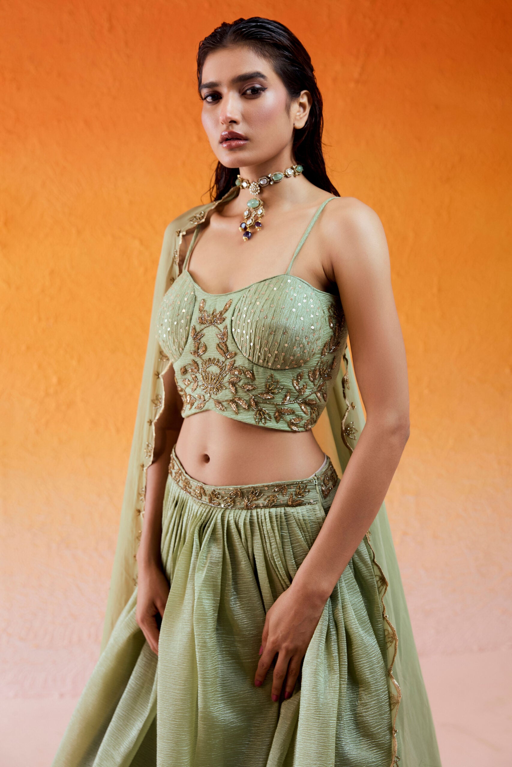 Pista Green Embroidered Lehenga Set image 3
