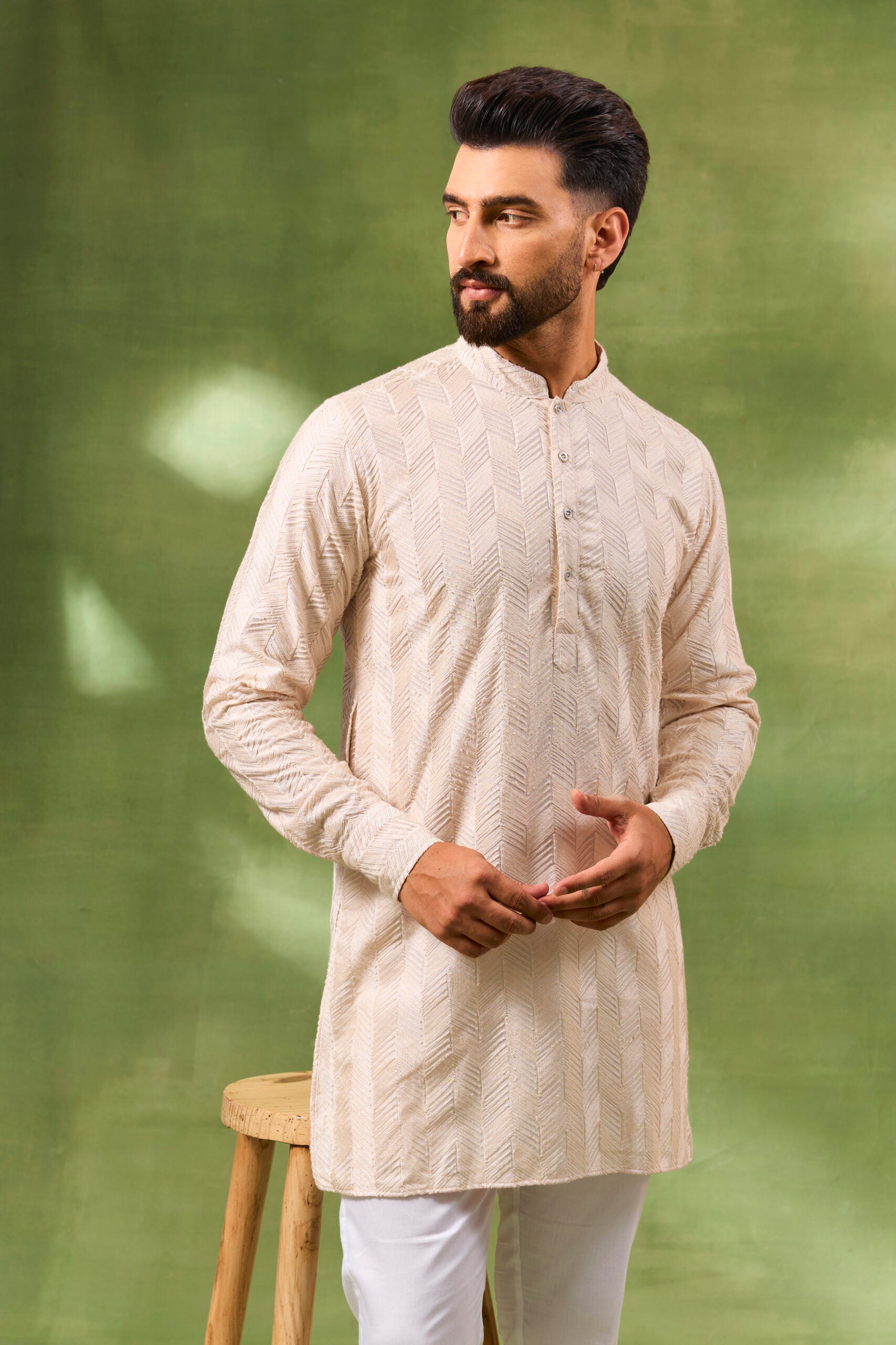 Beige Geometric Embroidered Kurta Set image 2