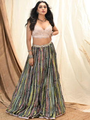 Multicolor Stripe Print Skirt Set With Crop Top - M image