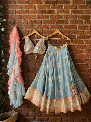 Dusty Blue and Blush Pink Mirror Work Lehenga Set Gown - M image