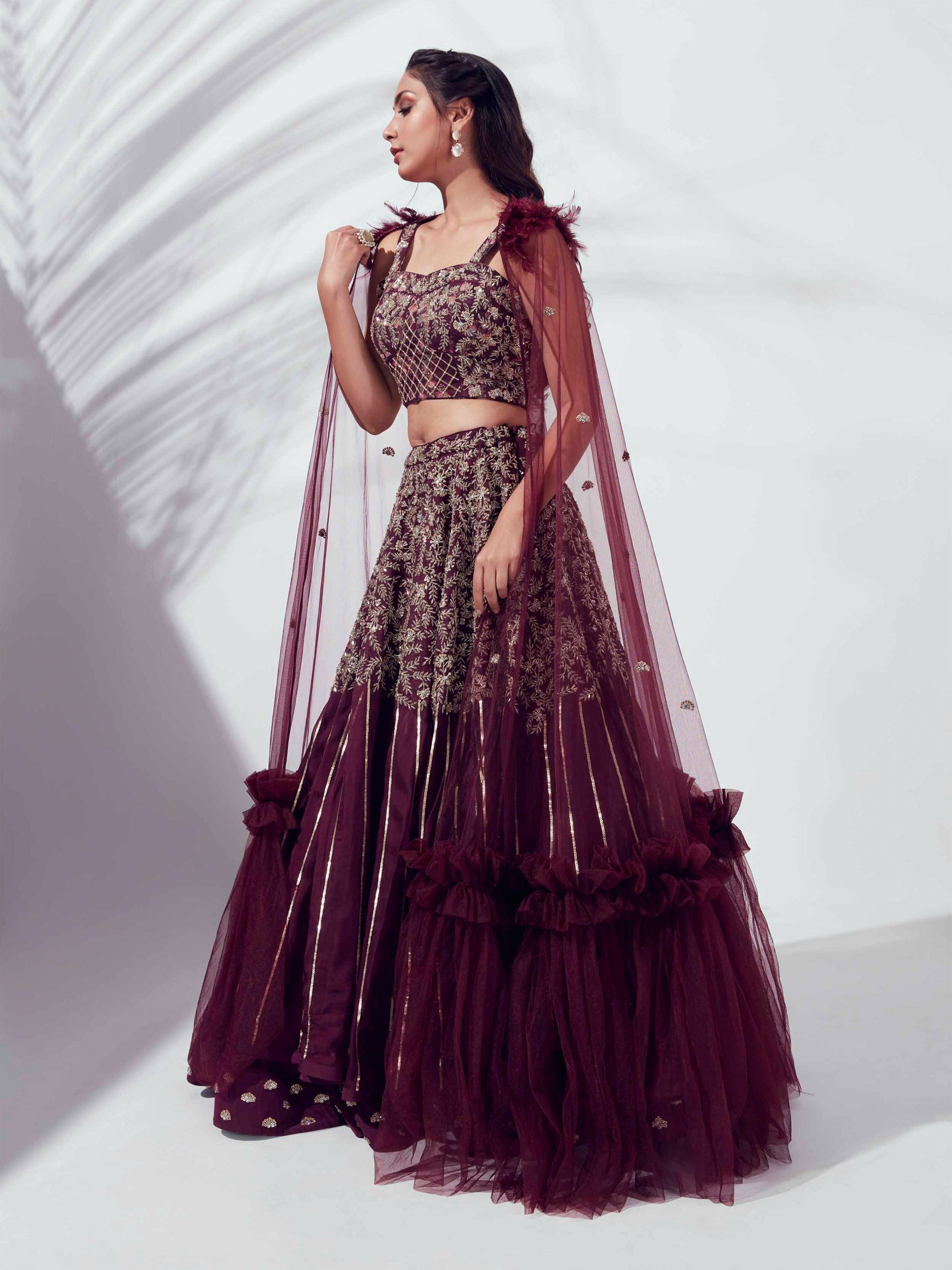 Wine Lehenga Paired With Cape Dupatta image 6