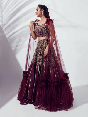 Wine Lehenga Paired With Cape Dupatta image 6