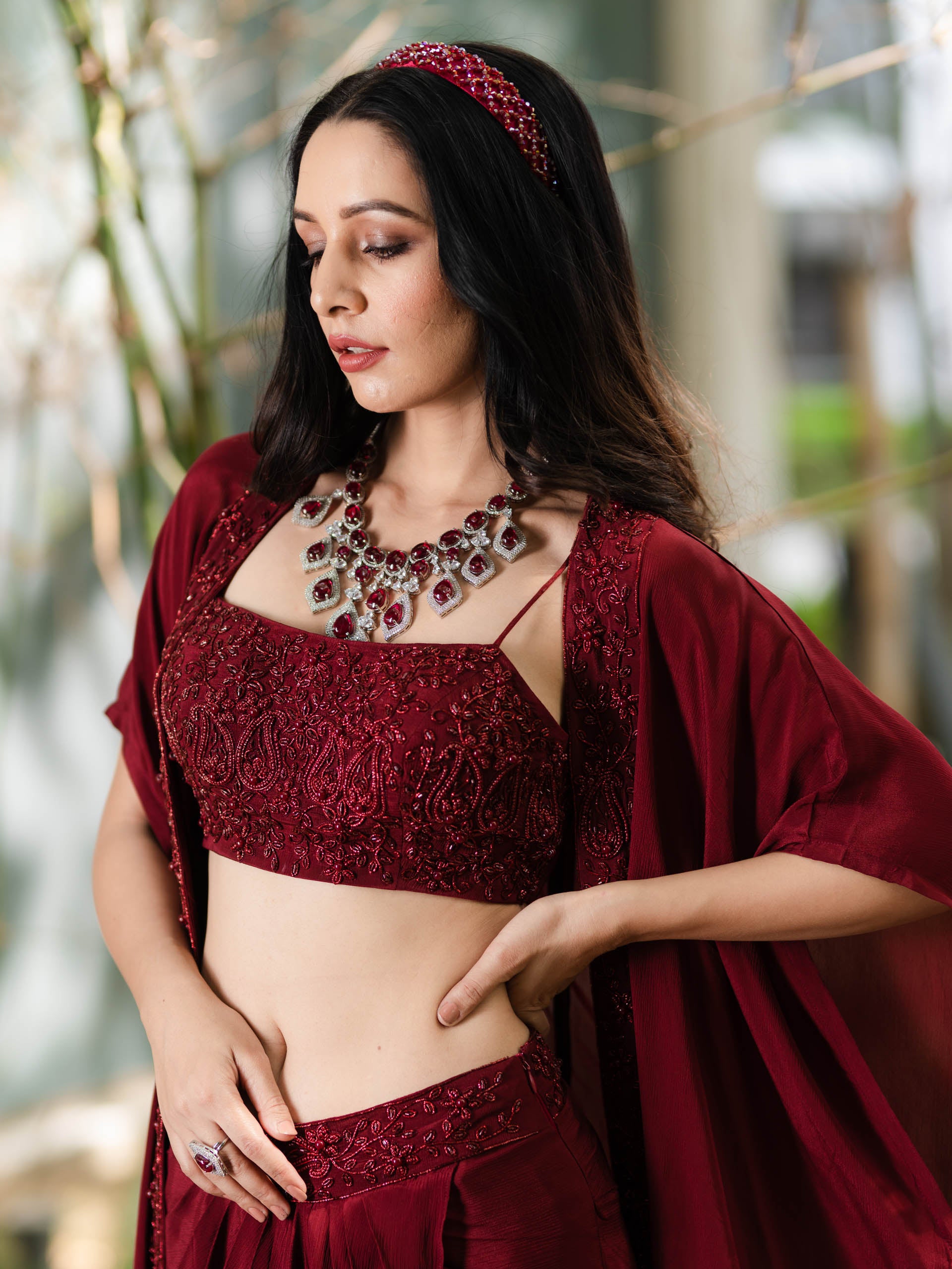 Maroon Aarna Drape Skirt Set with Cape image 3