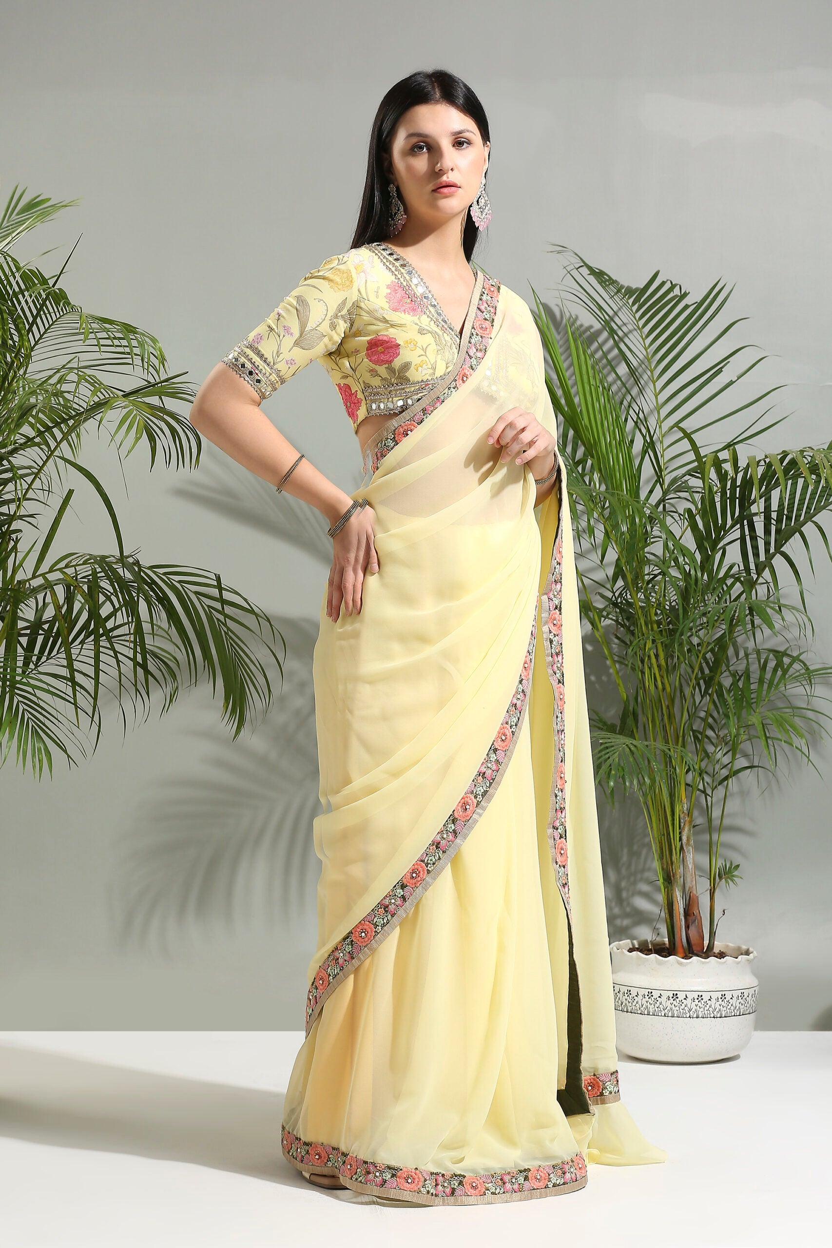 Yellow Saree with Floral Blouse - XL image