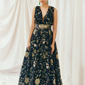 Navy Blue Printed Embroidered Gown image 0