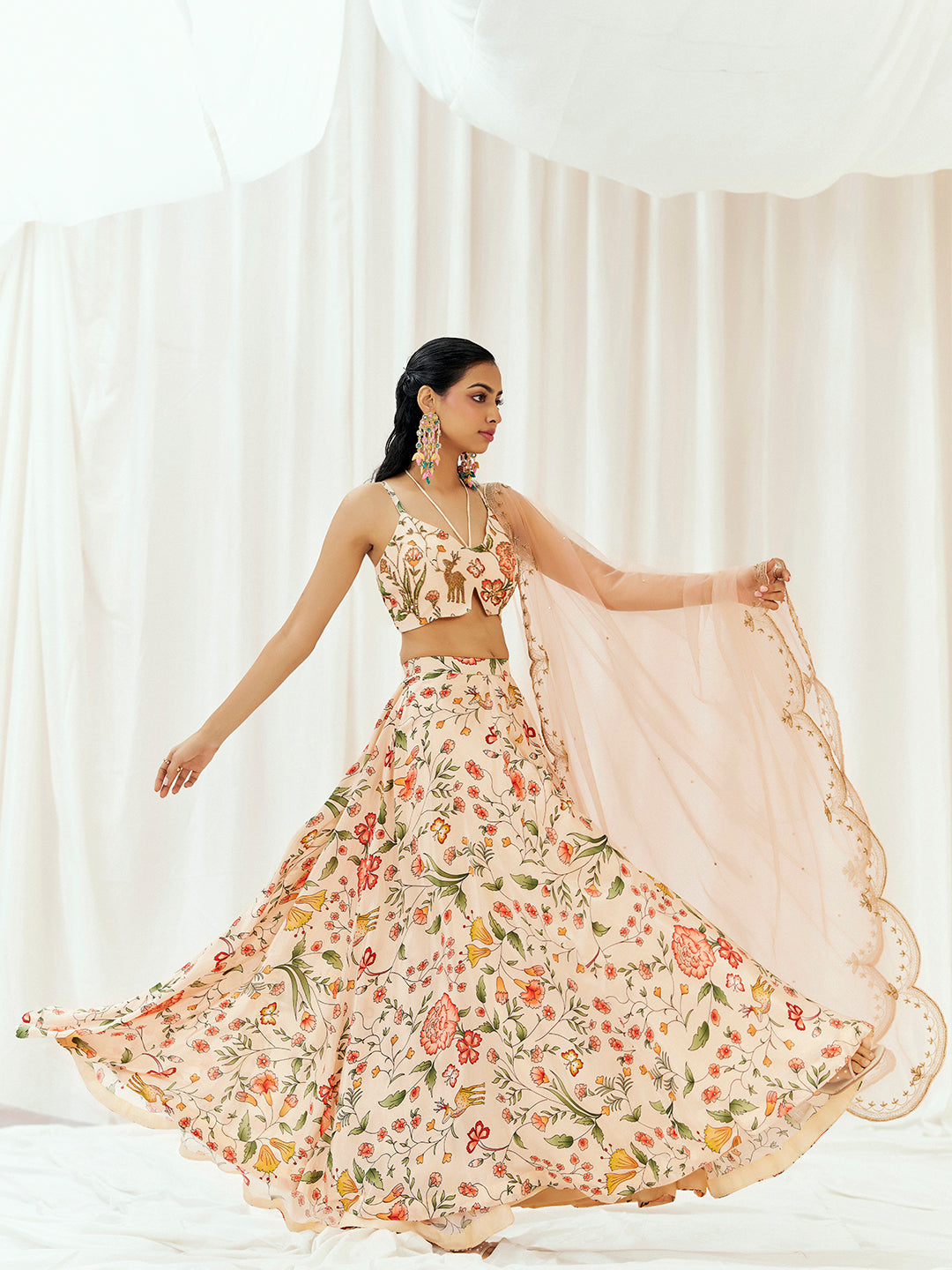 Floral White Printed Embroidered Lehenga Set with Dupatta image 4