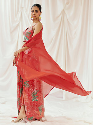 Red Printed Embroidered Drape Skirt Set with Cape image 5