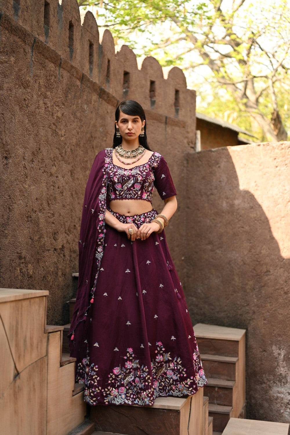 Wine Embellished Lehenga Set image 3