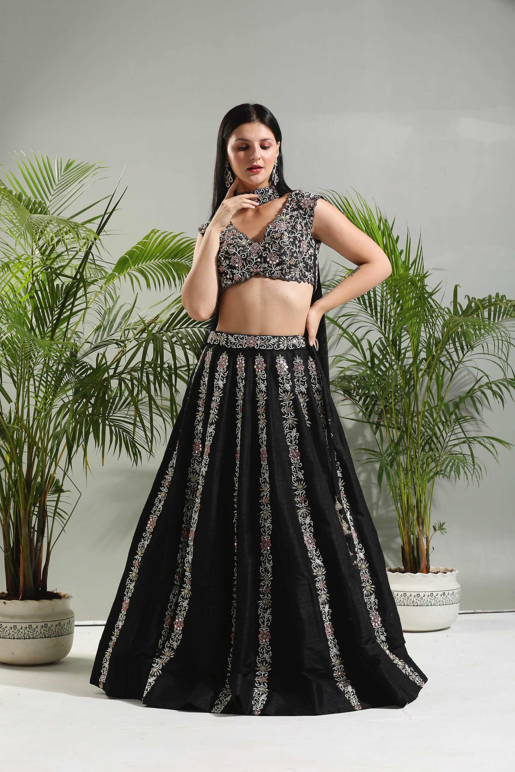 Black Thread and Mirror Hand Embroidered Lehenga Set image 2