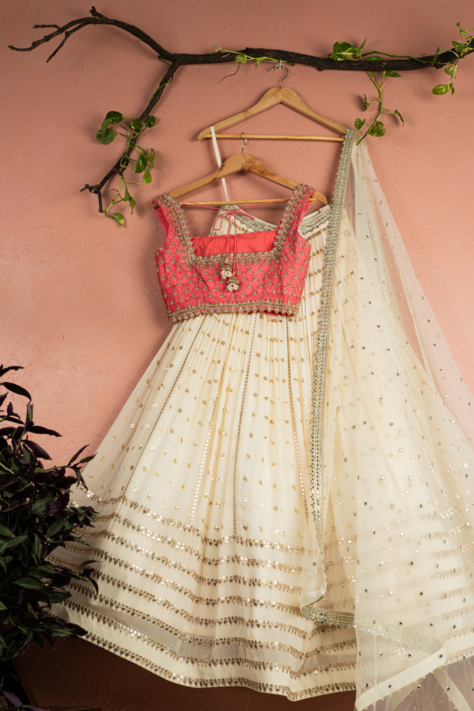 Ivory Radiant Sequin Lehenga with Pink Zardosi Blouse Set image 3