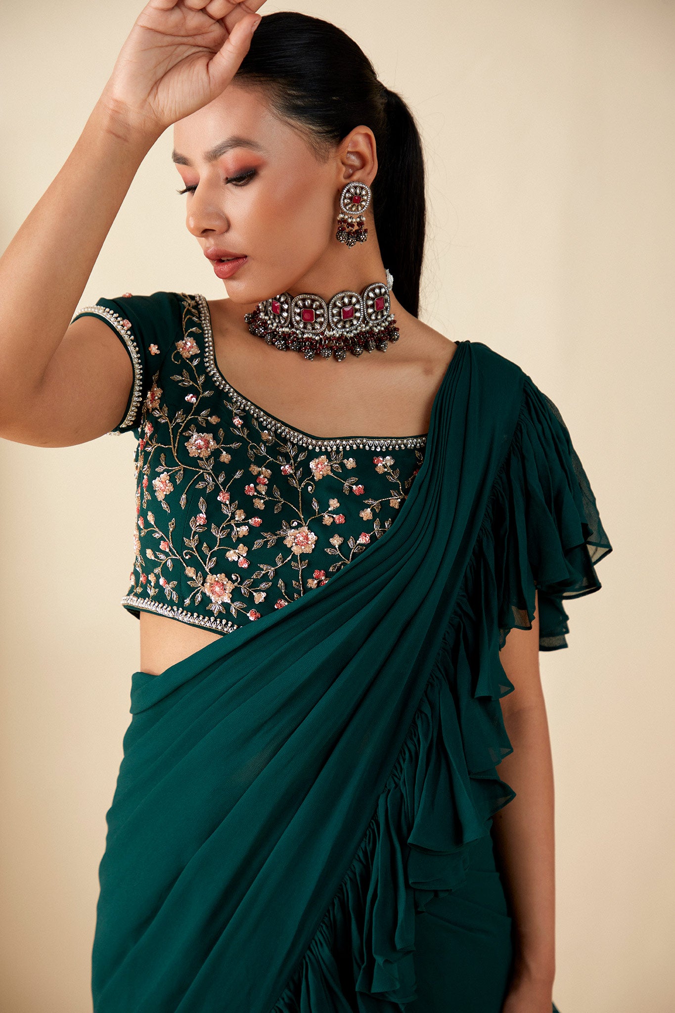 Green Georgette Crepe Ruffle Pant Saree image 2