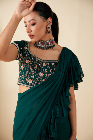 Green Georgette Crepe Ruffle Pant Saree image 2