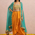 Rust Orange Dhoti Skirt Set with Teal Cape image 0