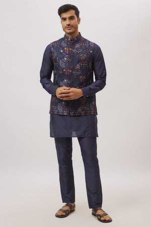 Navy Blue Embroidered Jacket Kurta Set image 0
