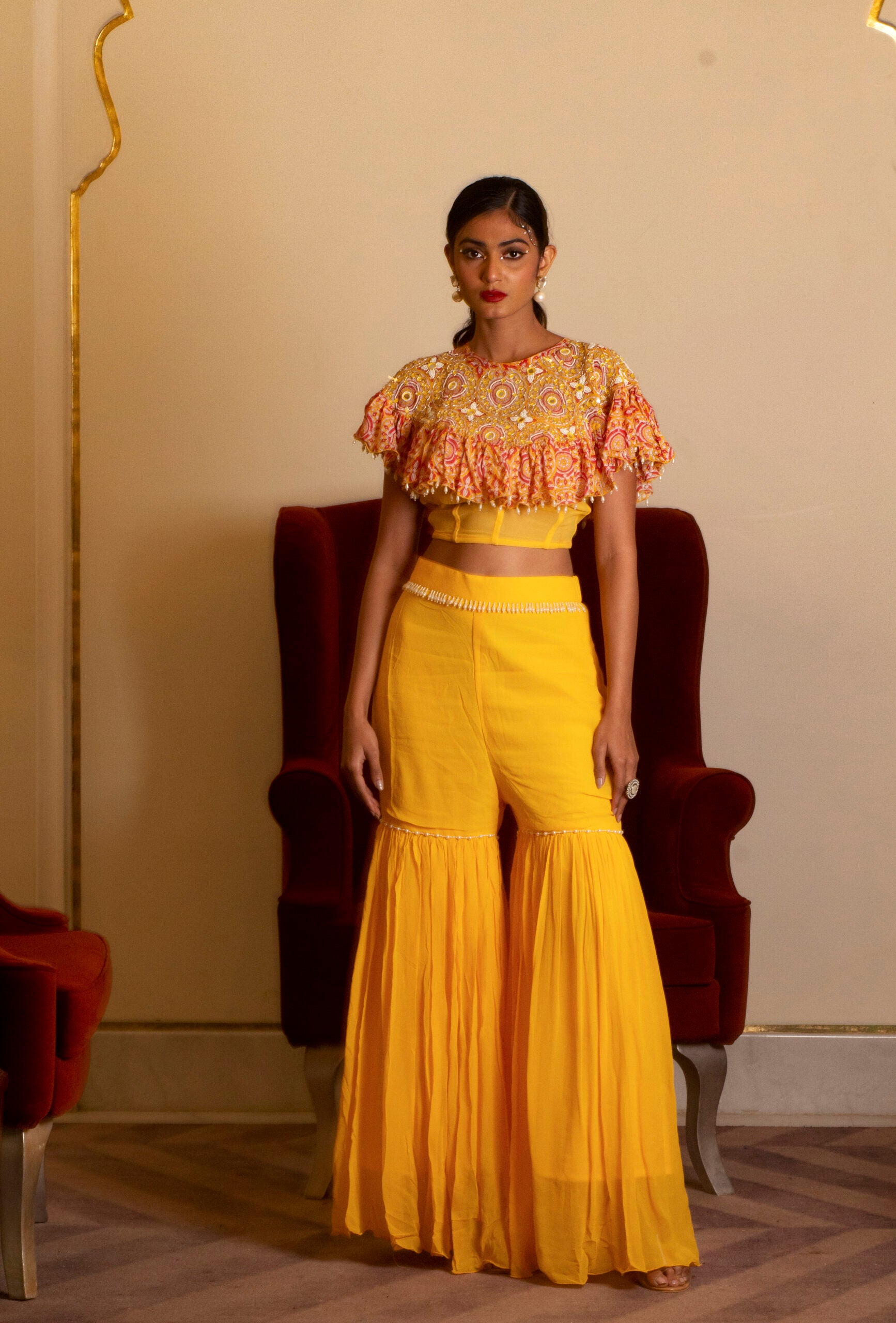Yellow Sharara Set With Cape - S image