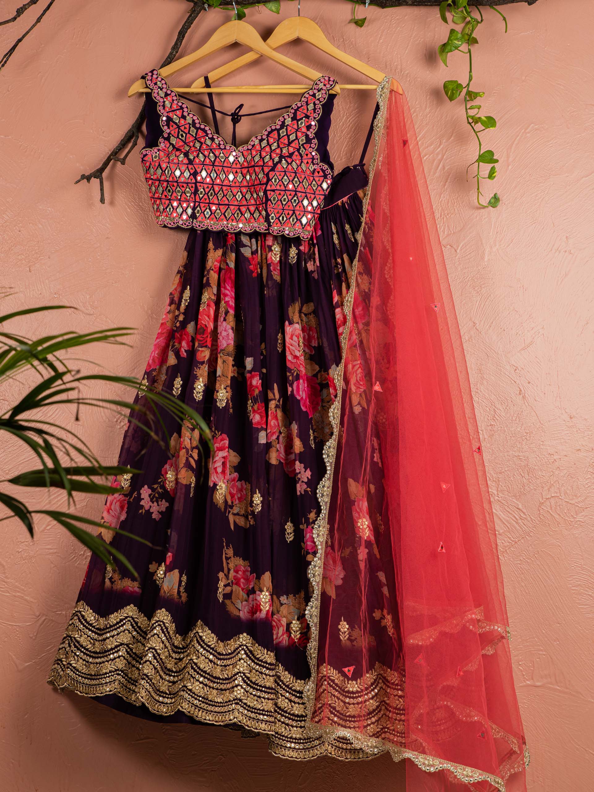 Violet Floral Mirror Lehenga Set with Pink Dupatta image 0