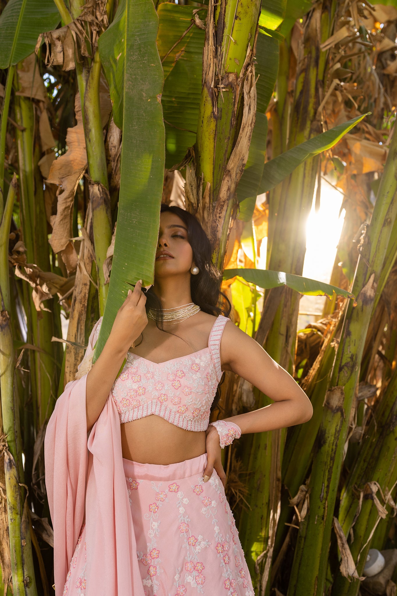 Pink Floral Georgette Embroidered Blouse Lehenga Set image 6